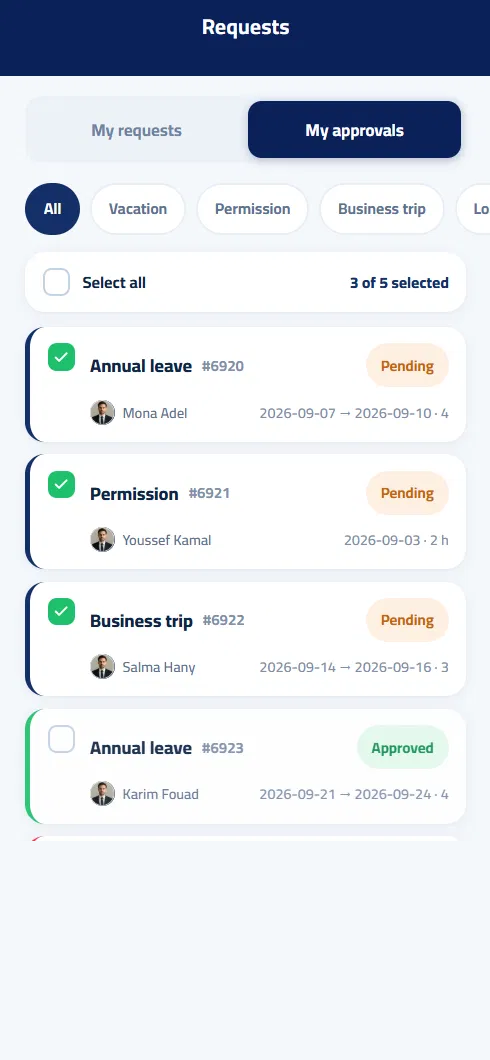 HRKLIX mobile approvals screen with bulk approve and reject