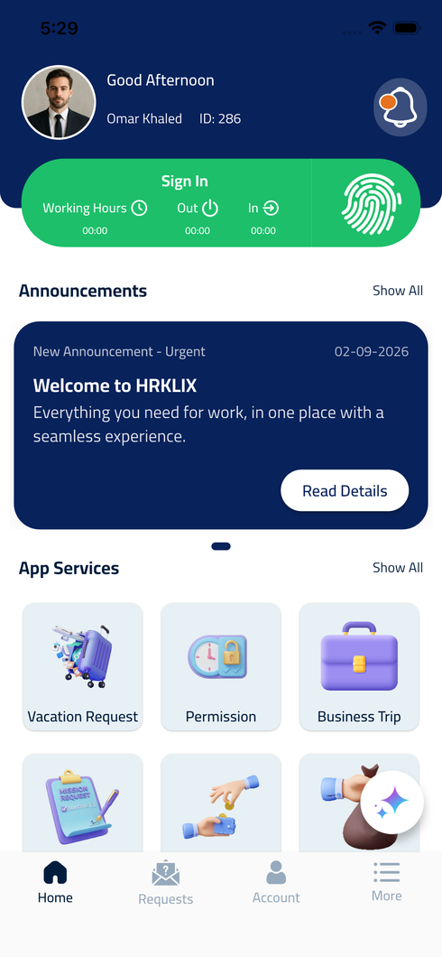 HRKLIX mobile app home screen with clock-in status and quick services